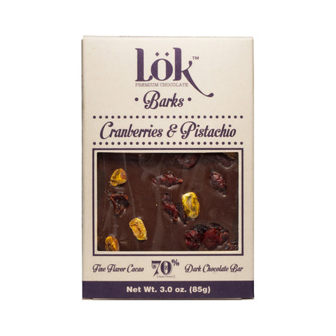 Lök Foods 'Barks' Cranberry & Pistachio 70% Dark Chocolate Bar, 85g