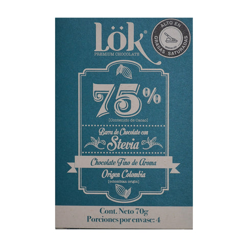 LOK Dark Chocolate Bar 75% Cocoa Sugar Free with Stevia 70g